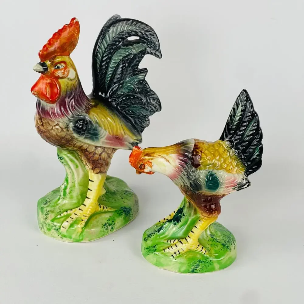 Vintage Ceramic Rooster and Hen Figurine Kitsch Farmhouse Decor